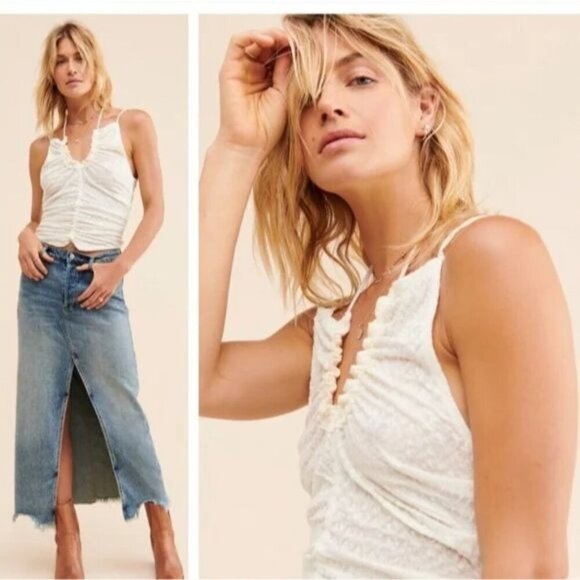 Free People Lace Ruched Love Her Tank Top Cami Ivory White Gardenia - Picture 3 of 12